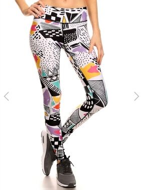 High-Waist Abstract Print Leggings - White Multi